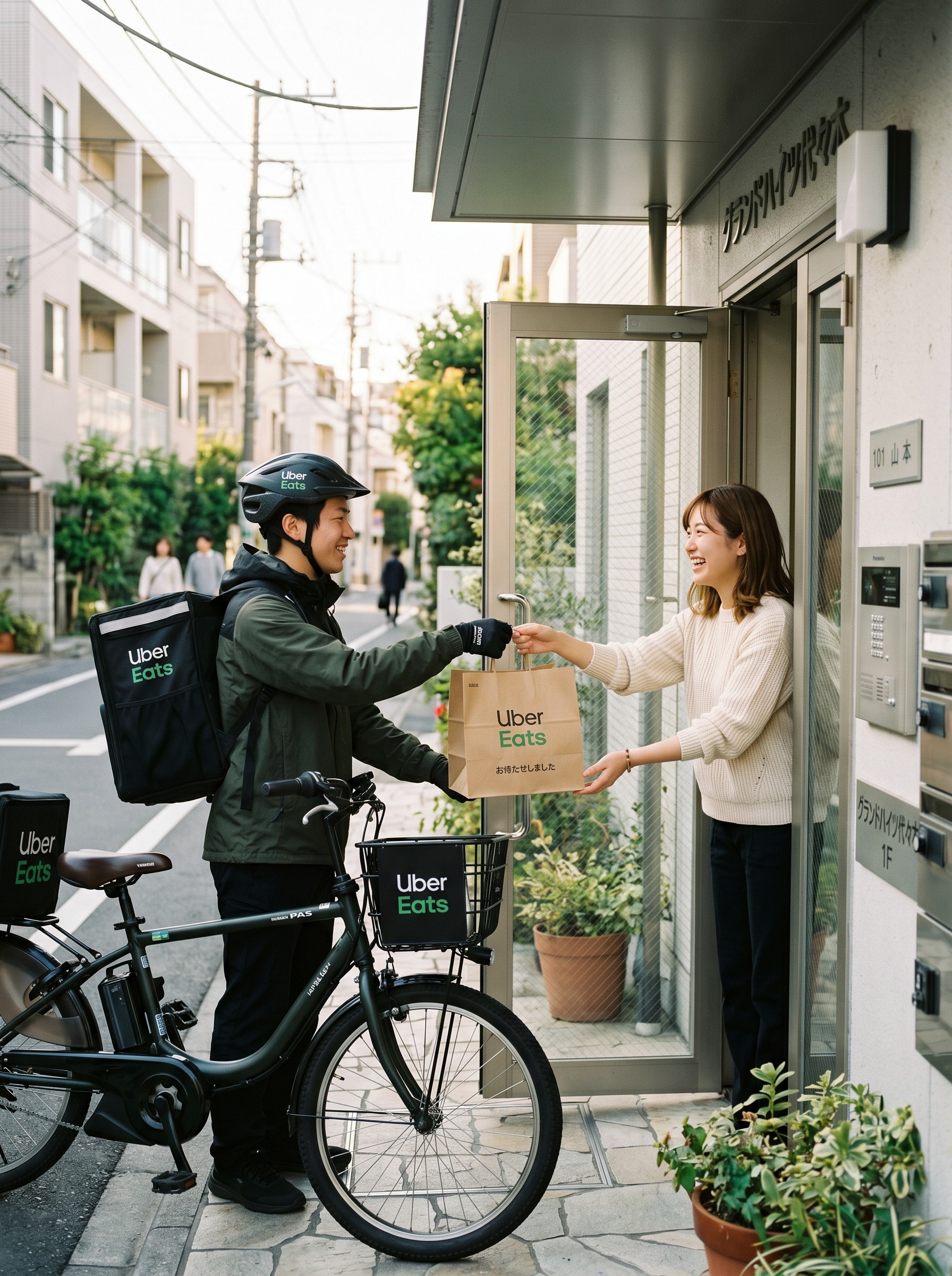 Uber Eats 配達員が自転車で街中を配達している様子