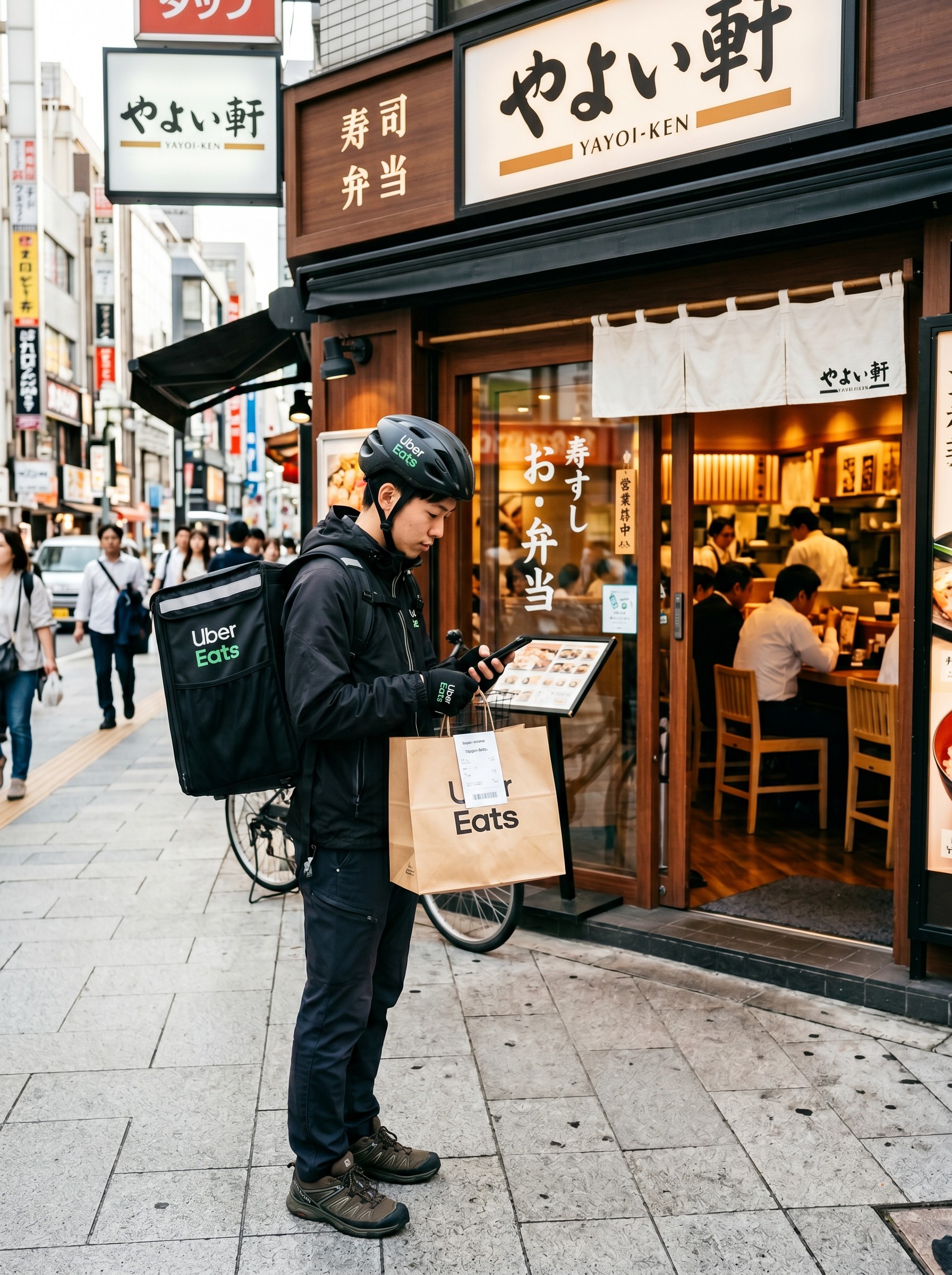 Uber Eats 配達員がレストランで商品をピックアップしている様子