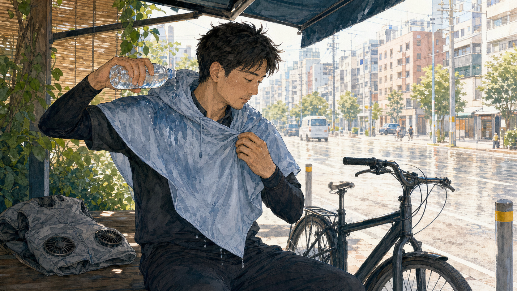 40℃の配達は空調服だけで足りない？濡らす冷感ポンチョ「ザムスト COOL SHADER」