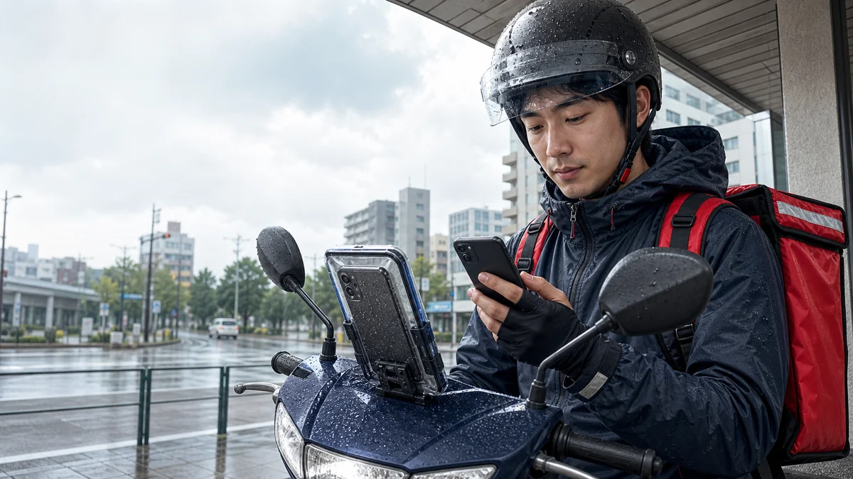 雨の日に防水ケース付きスマホを確認するフードデリバリー配達員
