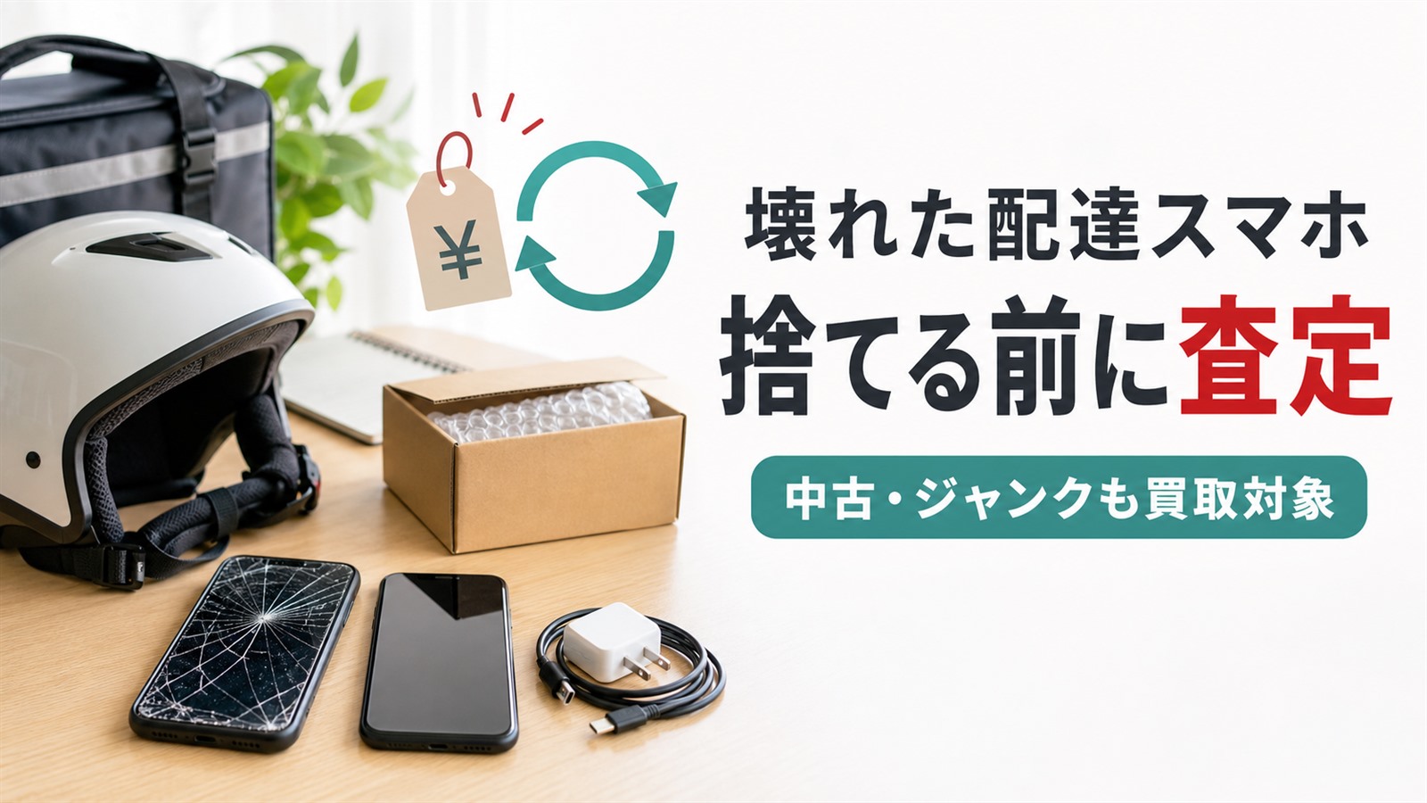 壊れた配達用スマートフォンを梱包して買取査定へ出すイメージ