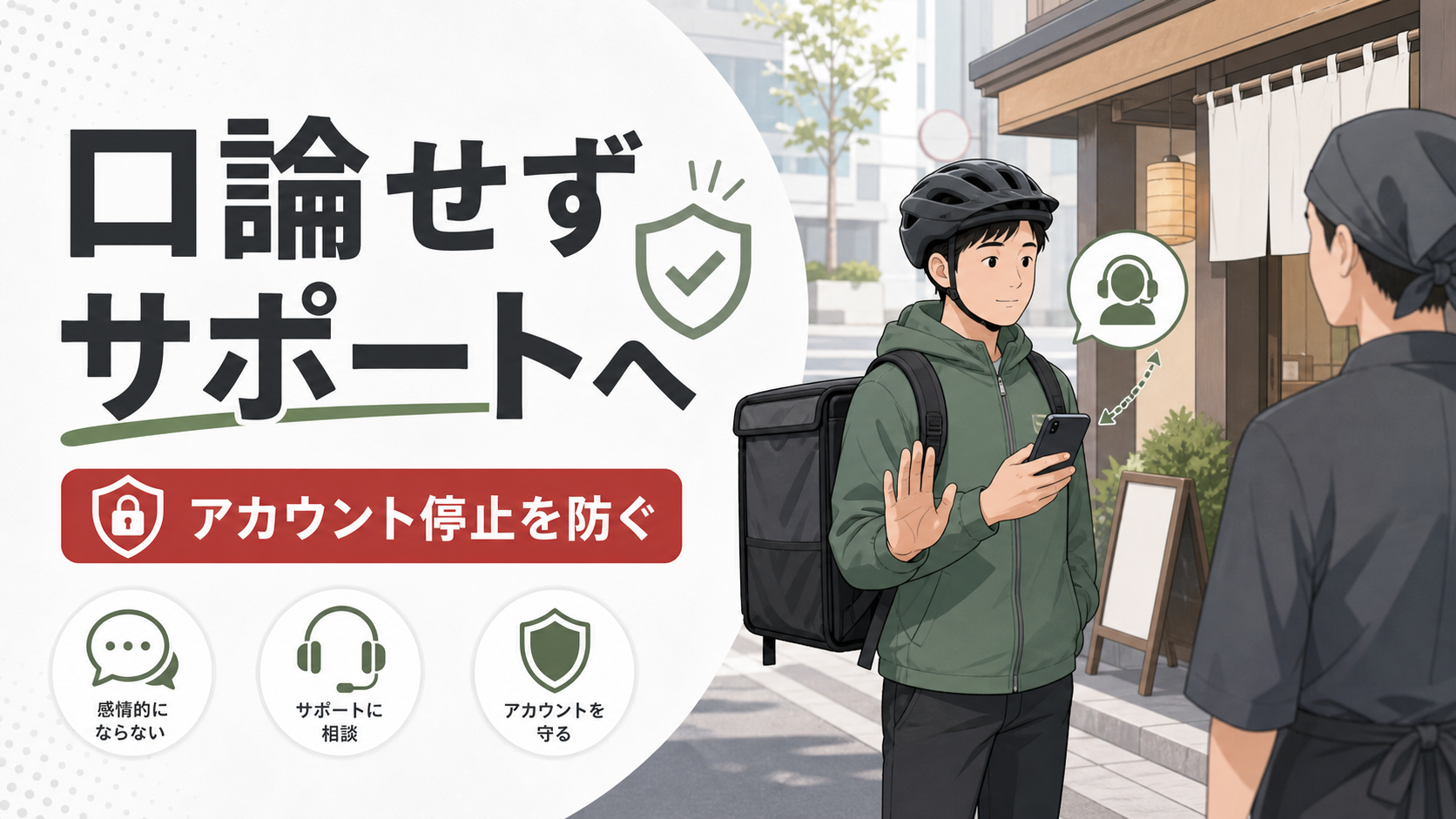 Uber Eats配達員のアカウント停止を防ぐ｜客・店と口論せずサポートへ回す方法