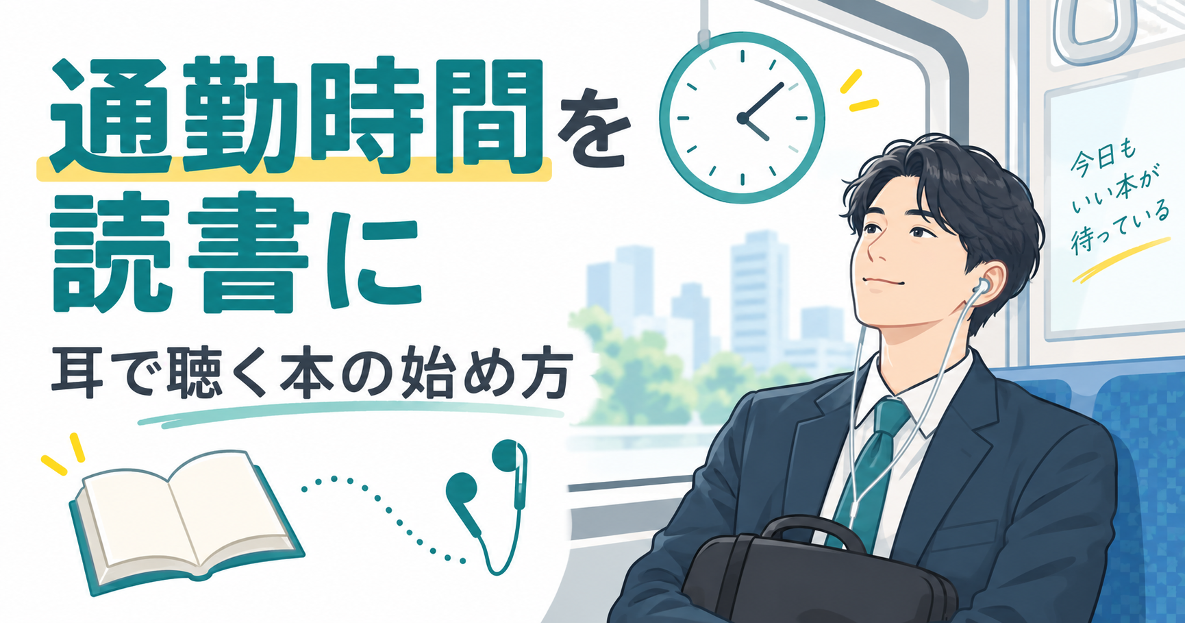 電車で耳から読書を楽しむ通勤者のオリジナルイラスト