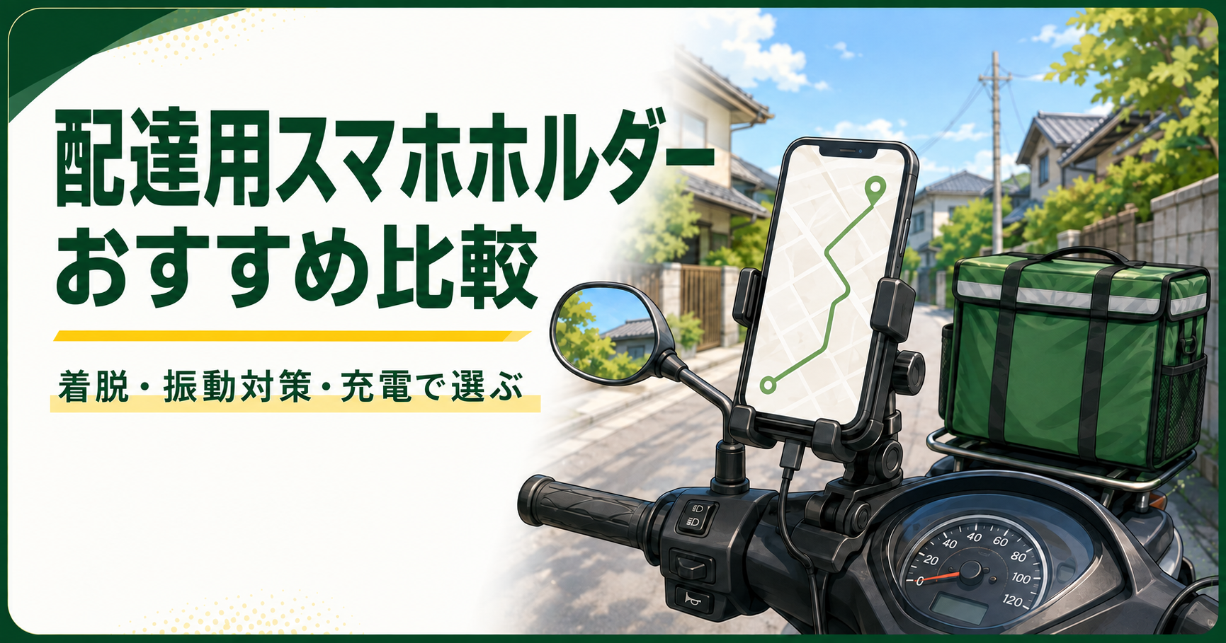 バイクに取り付けた配達用スマホホルダーの使用イメージ