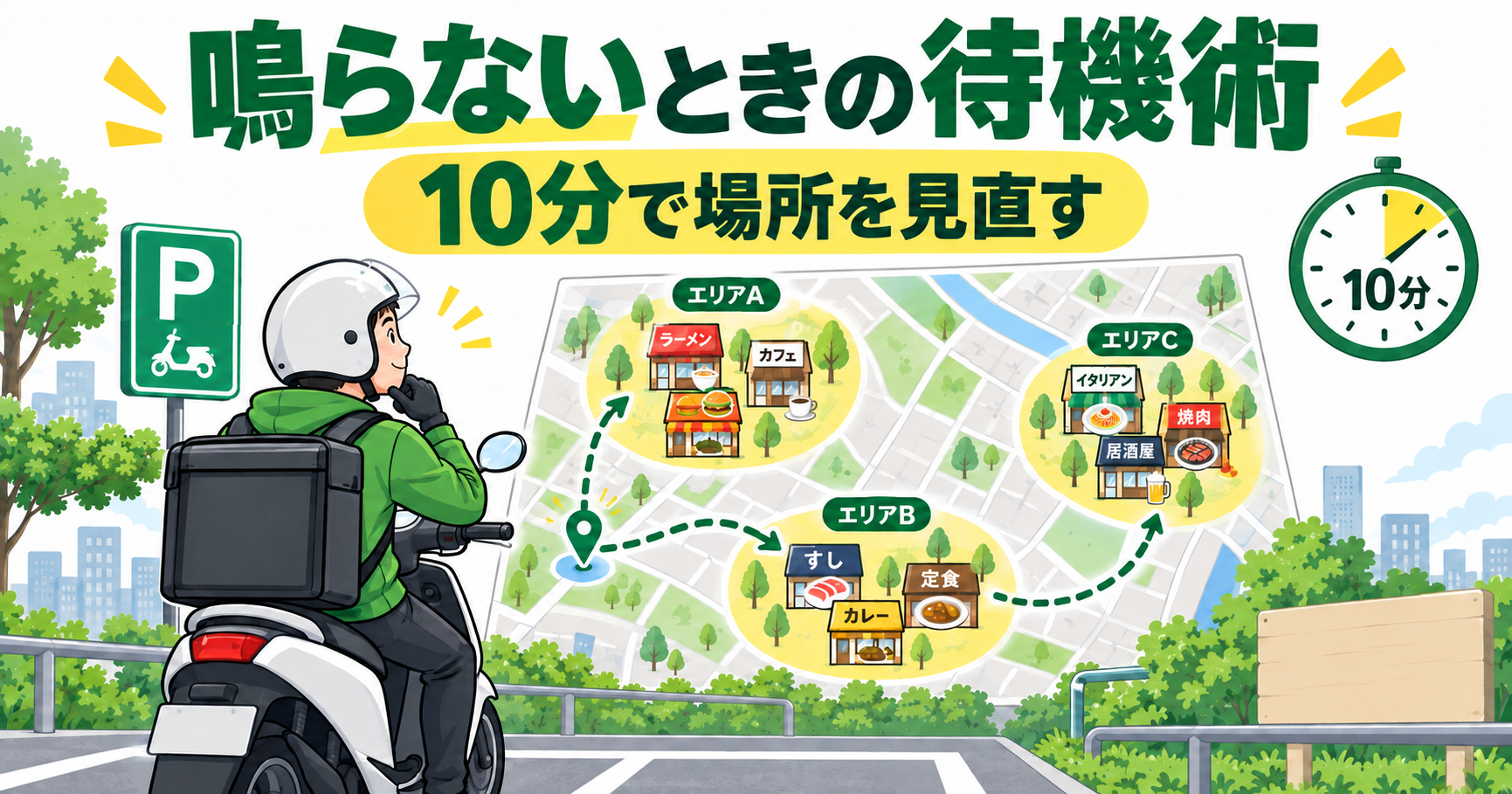10分を目安に待機場所を見直し、複数の飲食店エリアを巡る配達員の図解